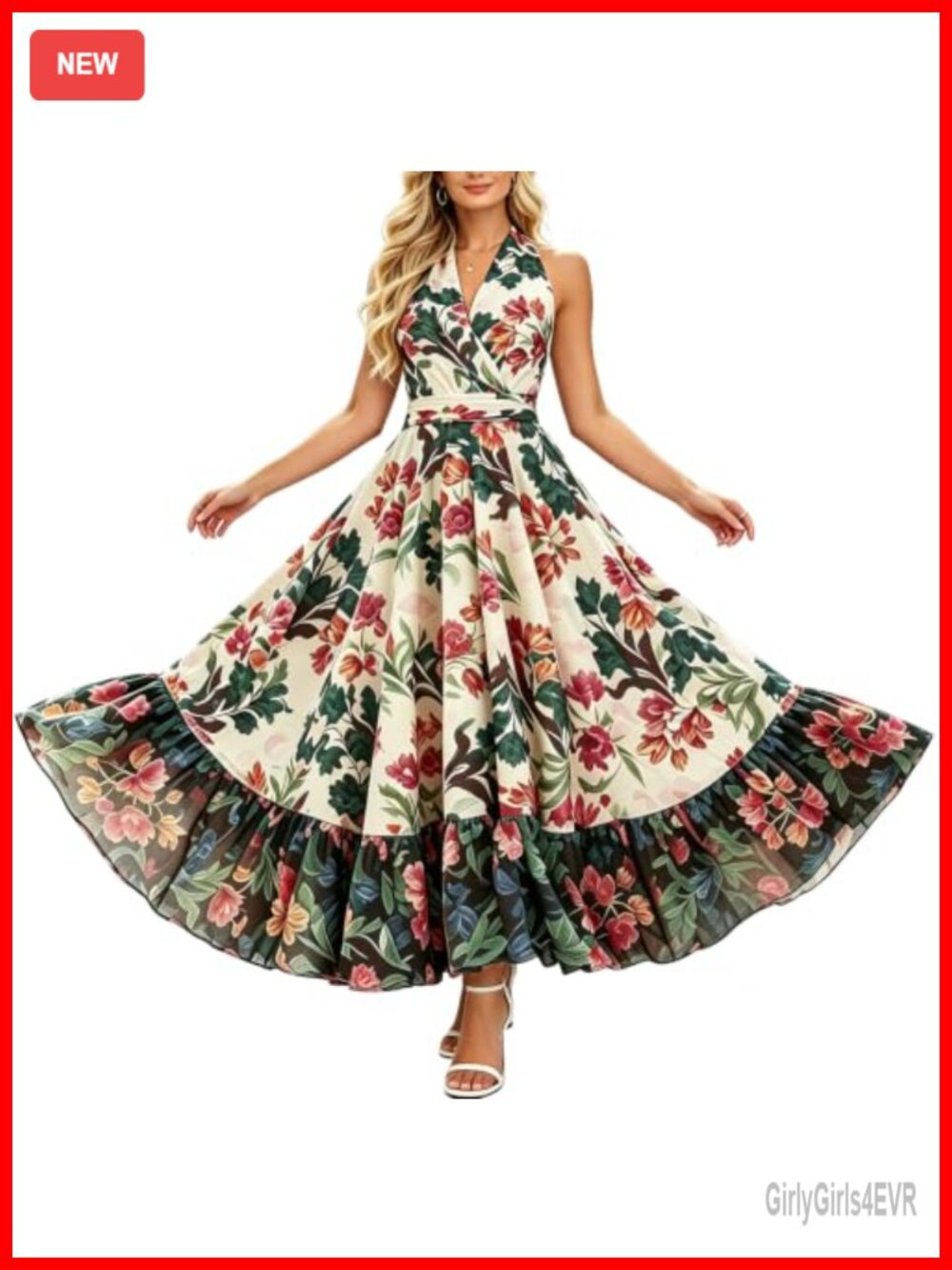 Halter V-Neck Floral Cocktail Wedding Guest Dress Tiered Hem